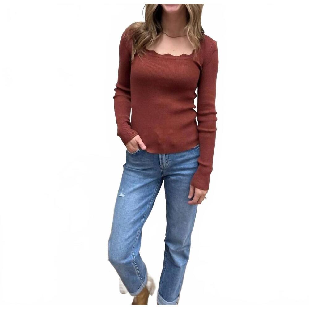 NEW MIKAROSE scallop long sleeve sweater in cocoa bean